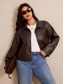Elaquor Plus Size Fashion Streetwear PU Material Long Sleeve Zipper Jacket Casual Daily Going Out Brown Jacket For Women Fall/Winter Casual Office Work Outfit - Brown - View 5