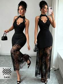 Elenzga Halter Neck Iridescent Material Contrast Lace Dress - Black - View 7