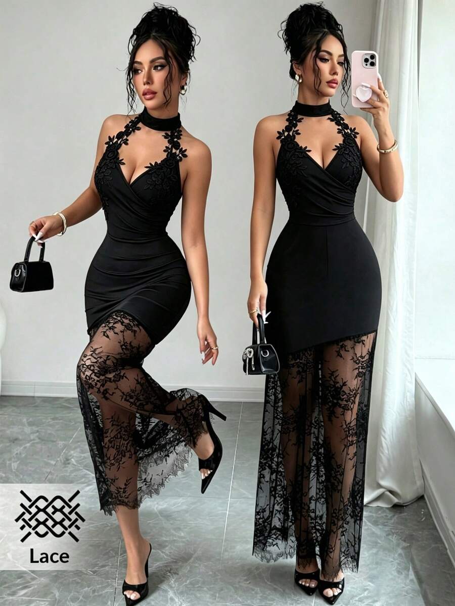 Elenzga Halter Neck Iridescent Material Contrast Lace Dress