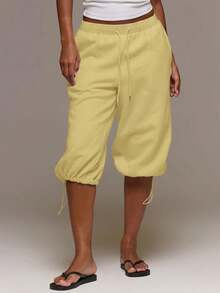 MUSERA Low Rise Adjustable Toggle Cropped Joggers Altitude Spring Summer Cute Vacation Holiday Airport Lounge Casual Everyday - Yellow - View 2