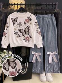 SHEIN Tween Girls 2pcs/Set White Soft Style Pearl Butterfly Print Sweatshirt & Split Hem Pearl, Fall, Back To School, Casual, Minimalist, Warmth, Jeans Suit - Multicolor - View 5