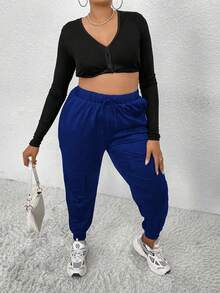 EMERY ROSE Solid Color Drawstring Waist Pocketed Casual Harem Pants Fall Cloth For Women - Royal Blue - View 8