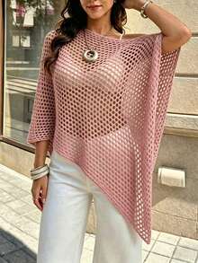 SHEIN Franclia 鏤空半透明圓領不對稱下擺毛衣 - 粉色 - 查看 5