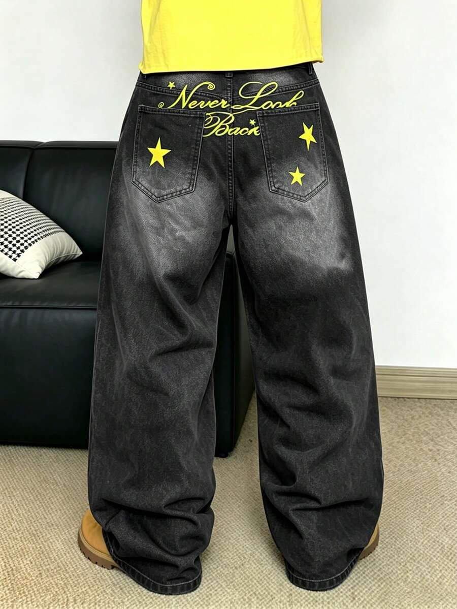 STEELVANCE 男士嘻哈街頭風星星與字母刺繡黑色水洗牛仔直筒寬腿長褲 - 黑色 - 查看 1