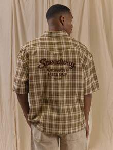 Musero Oversized Cropped Textured Check Shirt 'SPEEDWAY"Embroidery Spring Summer Essentials - Brown - View 1