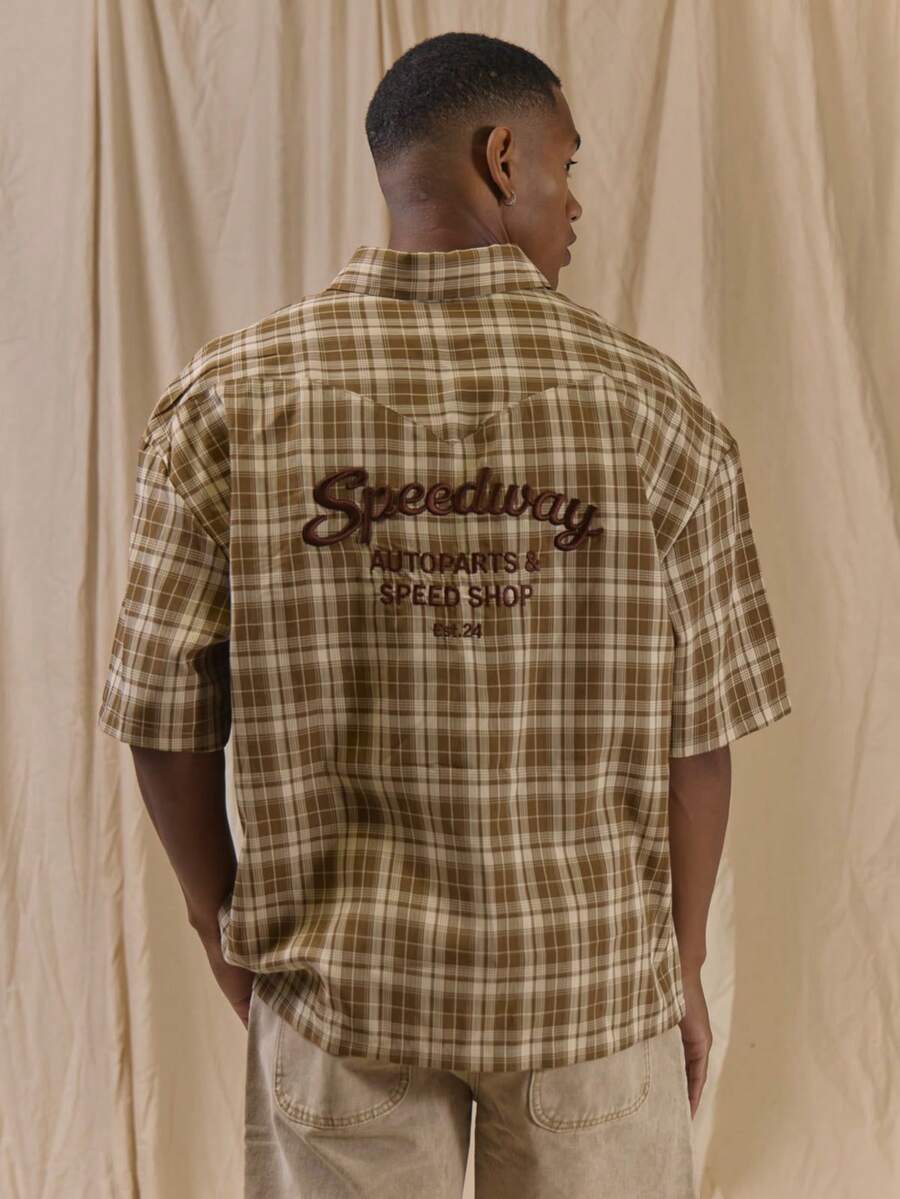 Musero Oversized Cropped Textured Check Shirt 'SPEEDWAY"Embroidery Spring Summer Essentials - Brown - View 1