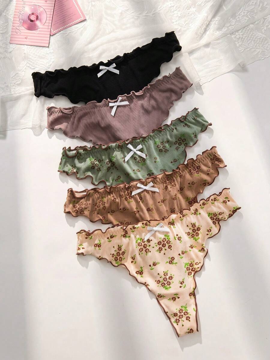 PetitDoll 5pcs/Set Sexy Ruffle Hem Floral Print Ribbed Fabric Thong Panties - Multicolor - View 1