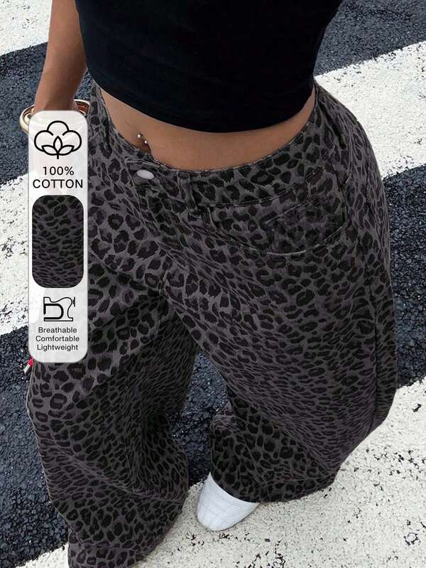 SHEIN X KAREN & MELISSA DAZY Blugi casual largi pentru femei, la modă, confortabili și respirabili, cu imprimeu leopard, Y2K