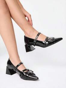 ROMWE Grunge Punk Elegant Pointed Toe Chunky Heel Lacquer Leather Pumps For Christmas Y2K 2000s Style - Love Black - View 11