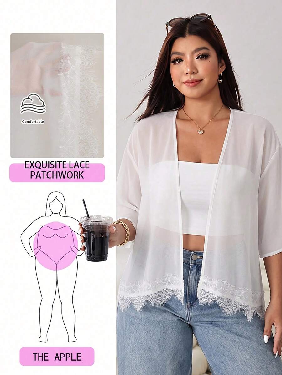 Solflare Chaqueta de talla grande con patchwork de encaje de unicolor - Blanco - Ver 1