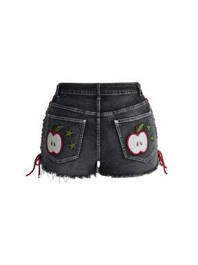 Sweetness Plus Size Dark Gothic Apple Embroidered Pocket Pattern Drawstring Design Mini Super Short Denim Shorts