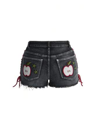 Sweetness Plus Size Dark Gothic Apple Embroidered Pocket Pattern Drawstring Design Mini Super Short Denim Shorts