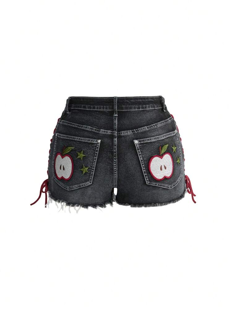 Sweetness Plus Size Dark Gothic Apple Embroidered Pocket Pattern Drawstring Design Mini Super Short Denim Shorts - Black - View 1