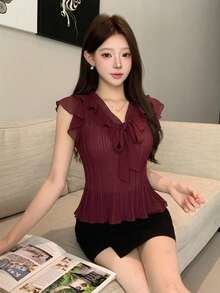 Joudiya Women's Red Short Sleeve Blouse With Ruffle Patchwork And Tie Detail, Elegant Fashion Shirt For Summer Wedding, Banquet, Party, Commute And Evening Wear - Red Violet - View 6