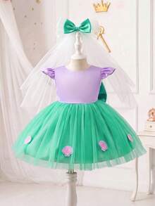 SHEIN Glamorique Kids 女嬰公主洋裝，淡紫色緞面搭配薄荷綠薄紗裙，背後可拆卸蝴蝶結，飾有多款粉紫色貝殼刺繡貼花，適合女嬰生日派對、家庭照、家庭聚會、參加婚禮及其他重要場合，夏季短洋裝畢業舞會度假穿搭 - 綠色 - 查看 4