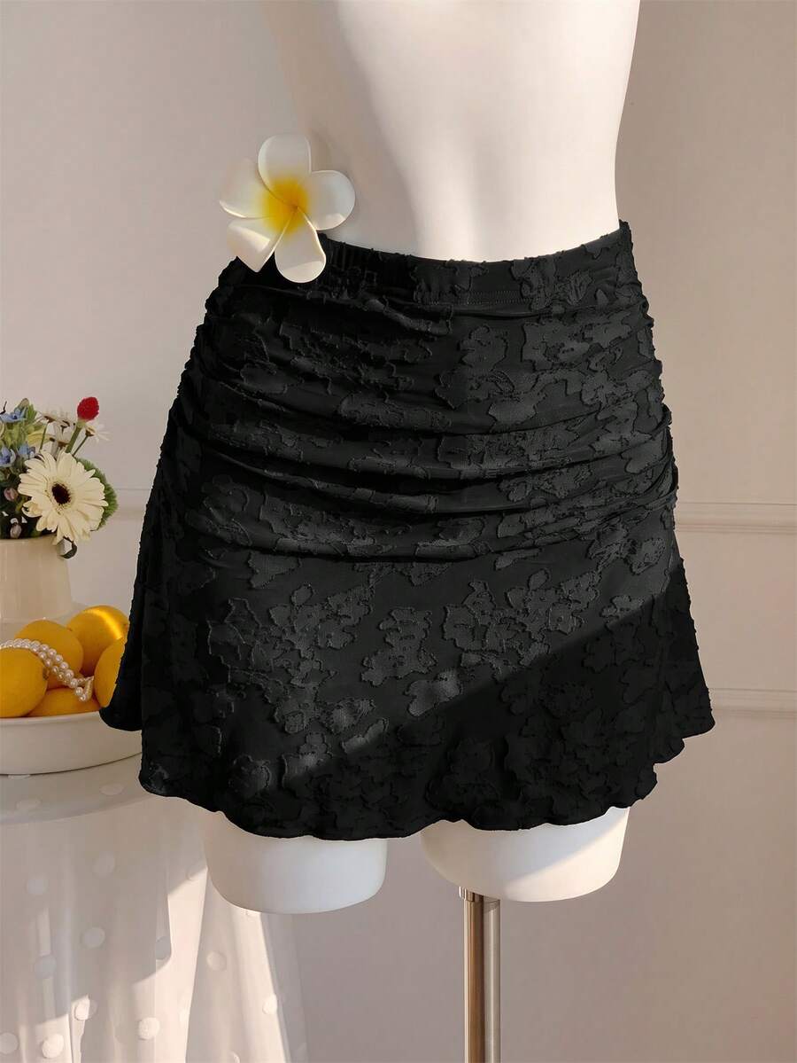 Comfortcana Summer Polka Dot Ruched A-Line Mini Skirt - Black - View 1