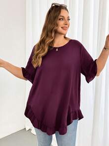 Shapeblank Blusa de talla grande casual de verano con unicolor y ribete de volantes - Rojo violeta - Ver 5