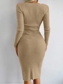 EURMUSE Vestido de punto acanalado de unicolor con escote en V para mujer, otoño/invierno - Camel - Ver 2