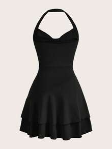 SHEIN MOD Vestido negro mini con cuello drapeado, entallado, multicapa y volantes en el bajo, escote de cuello halter. Vestidos de verano, ropa de primavera - Negro - Ver 3