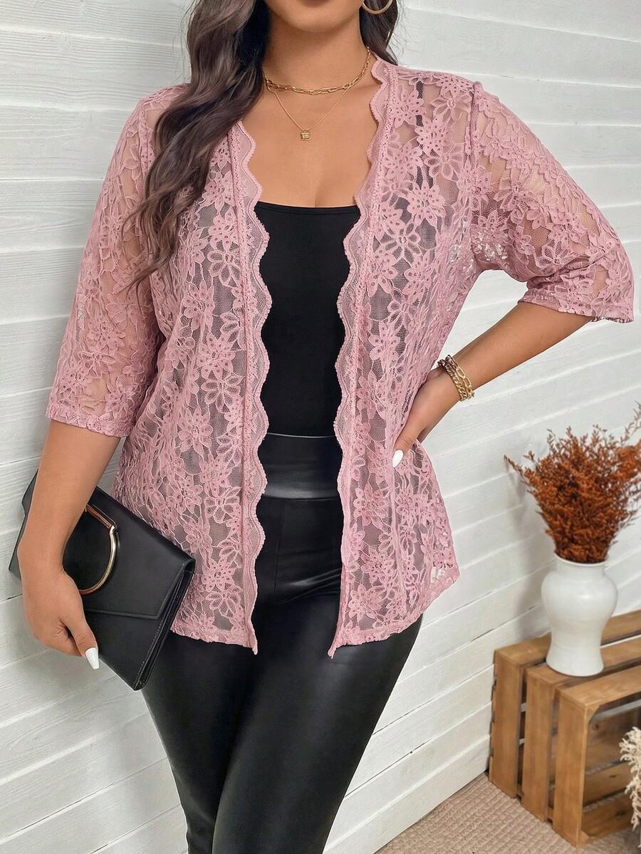 SHEIN LUNE 大尺碼女款蕾絲休閒百搭日常外出開襟衫 - 藕粉色 - 查看 1
