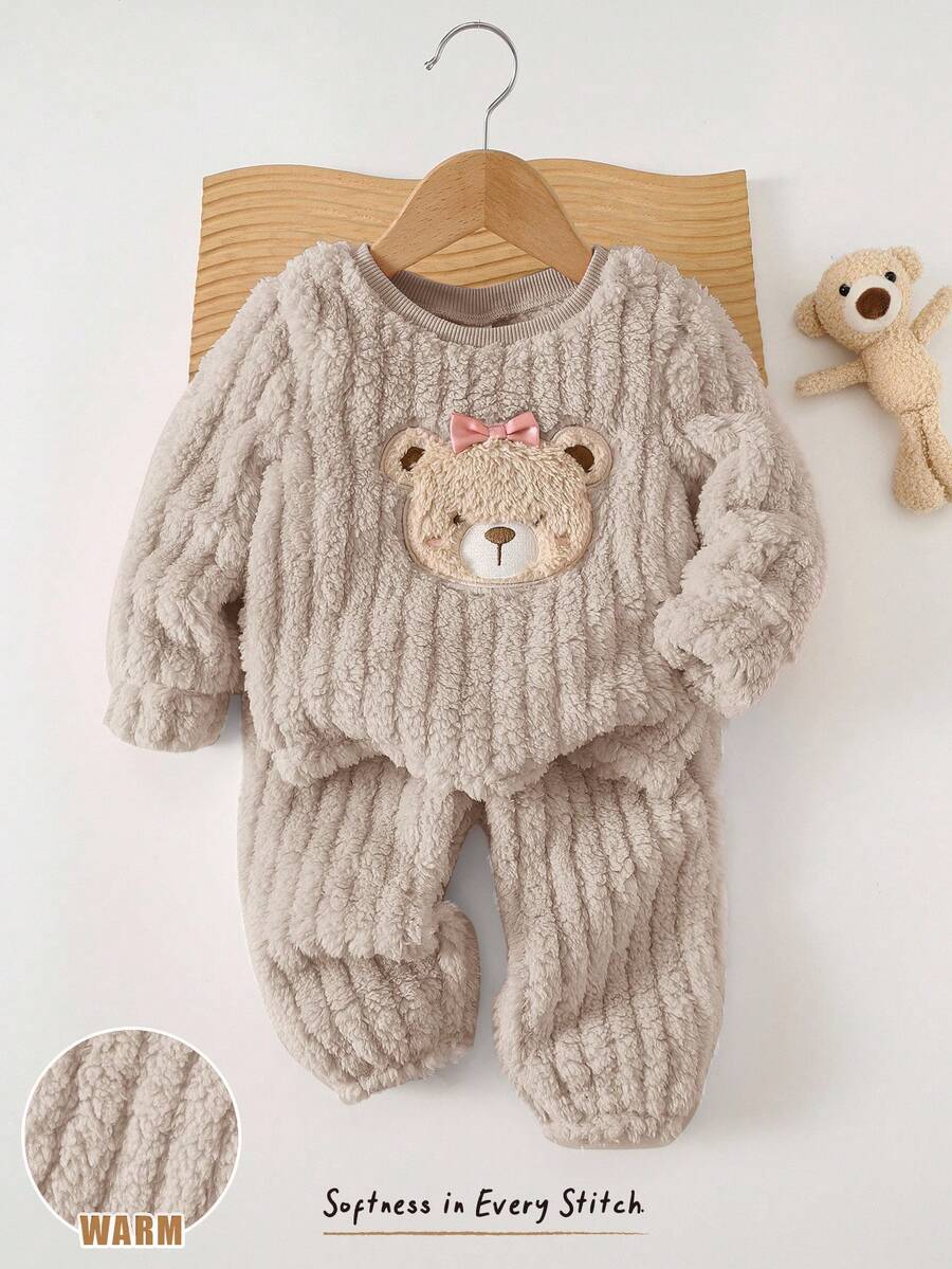 Cozy Pixies Baby Girl Cartoon Bear Pattern Fleece Lined Thick Crew Neck Long Sleeve Pullover Top And Elastic Waist Long Pants 2-Piece Set, Comfortable Versatile Fashionable Daily Cute Bear Pattern Minimalist Basic Style, Suitable For Indoor, Outdoor Skiing, Daily, Sports, Play, Party, Photography, Holiday, Christmas - Apricot - View 1