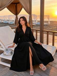 SHEIN Lady CURVE Plus Size Women Solid Color Pleated Fitted Split Hem Dress Vacation Black Autumn Elegant Vacation Wedding Guest Fall - Black - View 4