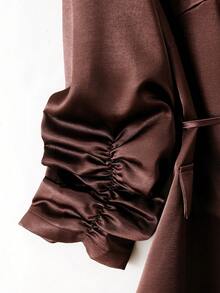 GlowEve CURVE Women's Fashion Elegant Elastic Pleated Long Sleeve V-Neck Hidden Button Placket Tie Satin Blazer, Suitable For Daily Wear And Commuting Fall - Brown - View 5