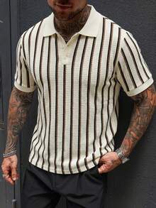 Manfinity CasualCool 男士拼色 Polo 衫，復古幾何提花休閒上衣/男士休閒通勤拼色短袖 Polo 衫 - 彩色 - 查看 5