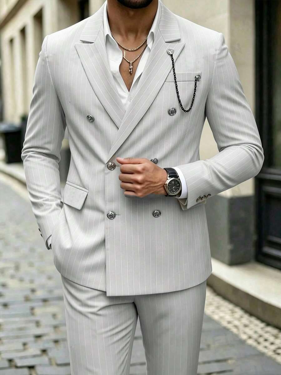 Manfinity Mode Men's All-Season Long Sleeve Striped Light Gray Home & Commute Gentleman Daily Wear, Business Casual Mature Style, Decorative Chain Fitted Suit Set - Light Grey - View 1