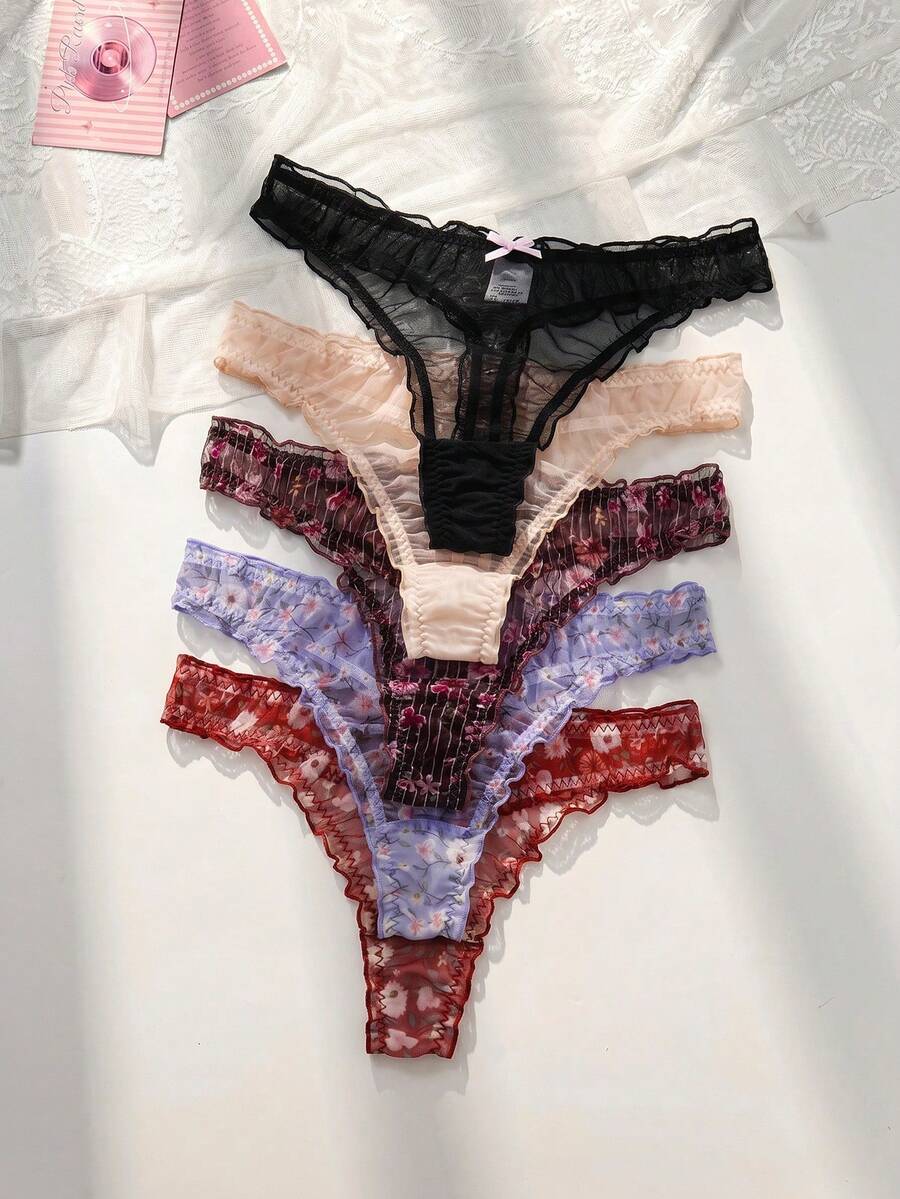 PetitDoll 5 piezas Conjunto de tanga de mujer con volantes de malla - Multicolor - Ver 1