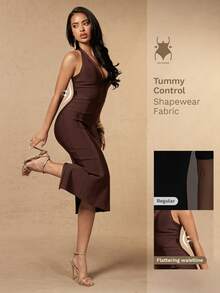 Silquee Vestido midi ajustado con escote en V profundo para mujer - Café - Ver 1