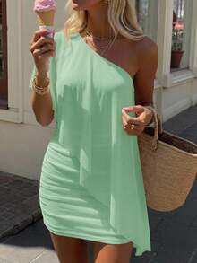 Aloruh Women's Solid Color One-Shoulder Mini Beach Vacation Dress For Vacation Mint Green Summer Sexy Tropical - Mint Green - View 4
