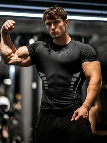 GymBeat تي شيرت رياضي رجالي كاجوال متعدد الاستخدامات للارتداء اليومي بتصميم كتل لونية - الأسود - مشاهدة 1