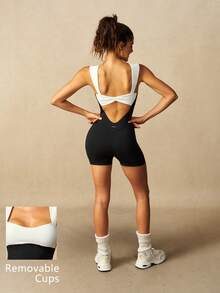 VARSIVA Colorblock Patchwork Backless Sleeveless Fitted Athletic Modest Athleisure Romper Gym Workout Black And White Summer - Black and White - View 12
