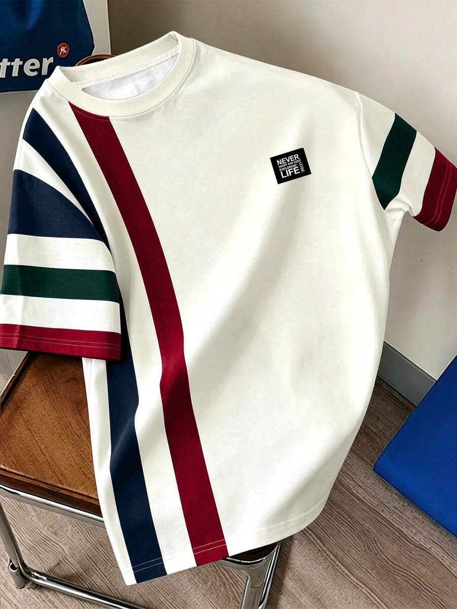 Daypath Men's Three-Color Contrast Striped Crew Neck Short Sleeve T-Shirt, Minimalist Slogan Sporty Casual Contrast Striped Short Sleeve Top - Multicolor - View 1