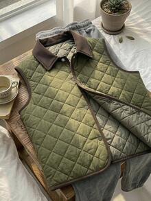 FRIFUL Women's Autumn Colorblock Diamond Quilted Padded Vest Jacket - Green - View 7