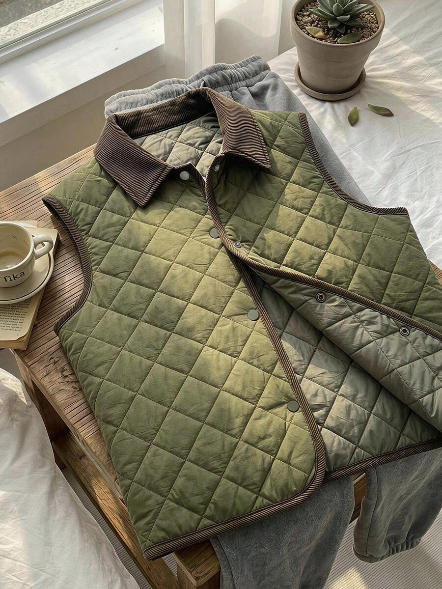 FRIFUL Women's Autumn Colorblock Diamond Quilted Padded Vest Jacket - Green - View 1
