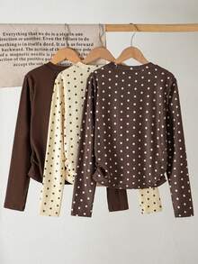 3pcs Tween Girls T-Shirt Crew Neck Long Sleeve Slim Fit Polka Dot Contrast Color Pattern 3pcs Set Top Casual Everyday T-Shirt Autumn - Multicolor - View 2