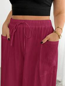 Shapeblank Plus Size Women Solid Color Drawstring Waist Casual Versatile Daily Travel Long Pants - Red Violet - View 9