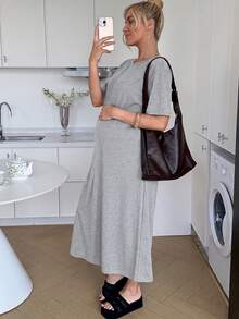 Slowluna 孕婦夏季休閒純色洋裝 - 灰色 - 查看 11
