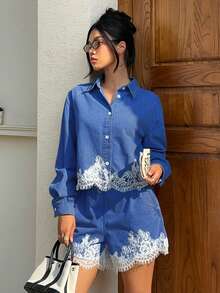 Siren Gaze Women's Lace Trim Top & Denim Shorts Set - Medium Wash - View 6