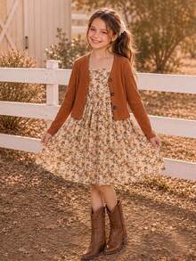 Emery Rose Kids Emery Rose Kids 女童編織碎花細肩帶洋裝與針織素色開襟衫兩件套 - 卡其色 - 查看 4