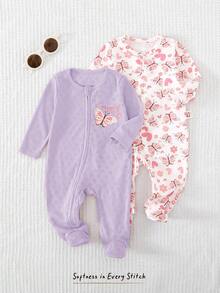 Cozy Pixies Newborn Baby Girl Floral Pattern Knitted Soft Round Neck Long Sleeve Bodysuit & Pants 2pcs Pieces Set - Mauve Purple - View 6