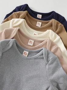 Cozy Pixies 5pcs Baby Boy Baby Girl High Elasticity Shoulder Overlap Loose Fit Brushed Fleece Skin-Friendly Solid Color All-Match Versatile Knit Soft Round Neck Long Sleeve Open Crotch Bodysuit - Multicolor - View 3