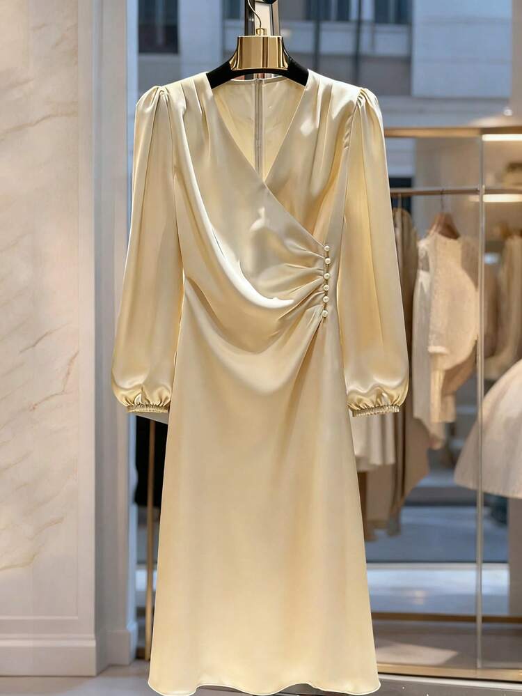 Franclia Elegant Solid Color V-Neck Long Sleeve Dress/Pearl Decor/Puff Sleeve/Ruffle/Fitted Slim/Date/Party/Formal/Casual Commute - Apricot - View 4