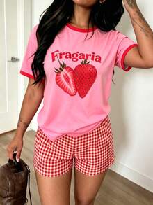 INAWLY Women's Casual Letter Strawberry Print Short Sleeve T-Shirt And Plaid Shorts Set - Pink - View 8