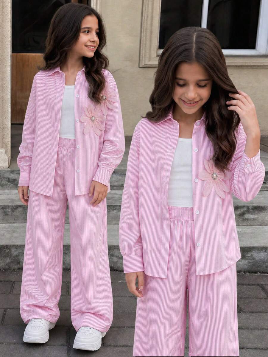 SHEIN Elladie kids 女童3件套 粉色直條紋領口長袖襯衫,飾有3D珠飾花卉裝飾,高腰鬆緊寬腿褲,歐美街頭休閒通勤日常穿搭 - 粉色 - 查看 1