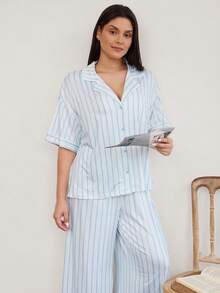 Doze Lane Minimalist Casual Blue & White Striped Collared Short Sleeve Long Pants Women Plus Size Pajama Set - Multicolor - View 7