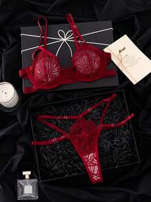 SHEIN 2件組橘色鋼圈內衣與內褲套裝，亮麗甜美風格 - 酒紅色 - 查看 3