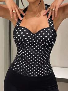 SomedayCozy Women's French Polka Dot Print Sexy Halter Tie Top,Y2k Summer Tops,Tops For Summer,Corset,Crop Top,Shirt,Summer Outfits,Tank Top,Going Out - Black and White - View 6